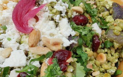 Pearl barley tabbouleh with feta, cranberries, pink onions and hazelnuts. Topped with a coriander and mint glaze. 