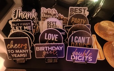 Example props from a 21st Birthday at  at Playgolf, Christchirch Golf Club (Atrium - Upstairs). I provided both disco and Photo Booth including an 8ft x 8ft Black and Gold Happy Birthday Themed Backdrop and quality Birthday themed props.