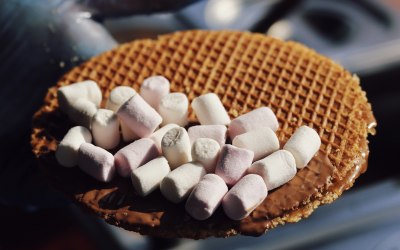 A Stroopwafel topped with marshmallows.