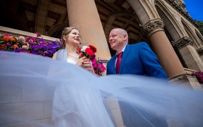 bride and groom at the guildhall from northampton town centre