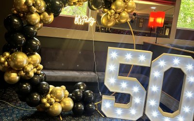 3/4 Hoop, Neon Sign, Balloons & Light up Numbers 