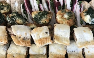 Snowdonia cheddar, herb and red onion chutney rolls (v), Feta, spring onion & spinach frittata (vegan)