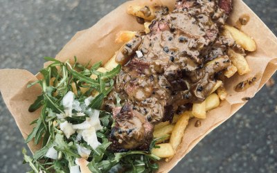 Steak, fries, house peppercorn sauce with rocket and Parmesan side salad. 