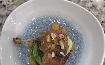 confit duck, garlic salted bok choy & orange puree