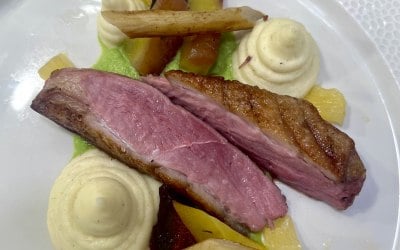 Roast duck, black garlic mash, and seasonal veg + pea puree