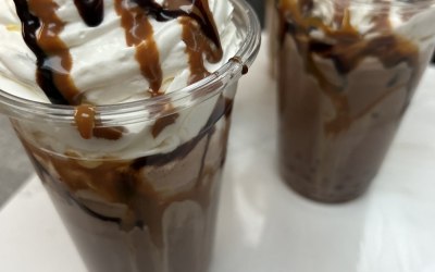 Chocolate Mocha, with cream and drizzled chocolate and caramel with Tapioca pearls