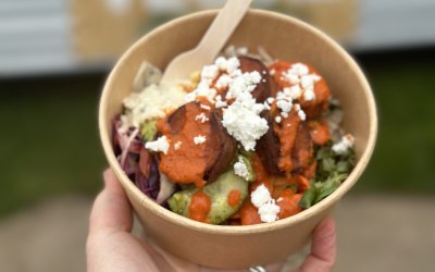 Roasted Cajun sweet potato, Mojo Rojo, feta, mixed bean salad and guacamole