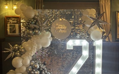 A silver sequin wall celebration for a 21st Birthday party in Walsall