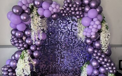 Box frame with sequin wall and extra large balloon garland  Box frame with sequin wall and extra large balloon garland