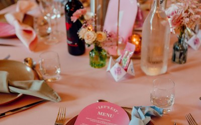 Pastel coloured bespoke table signage for wedding in a retro style