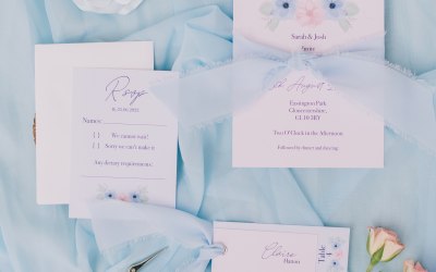 blue and pink floral wedding invitation
