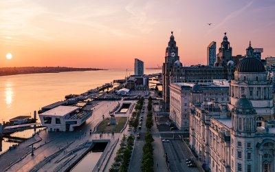 Liverpool Water Front, sunset colours. HDR drone image.