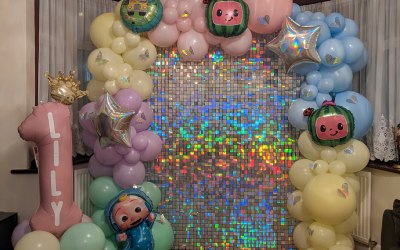 Coco Melon Theme with Shimmer Wall Balloon Garland and Foils. With Number Stack