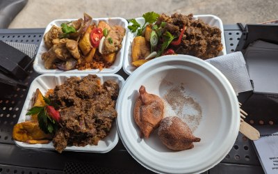 Jollof rice and goat stew, Jollof rice & Chicken, Bofrot (Ghannian doughnuts)