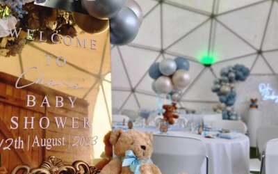 Luxury balloon decor featuring matching welcome sign, backdrop and table centrepieces
