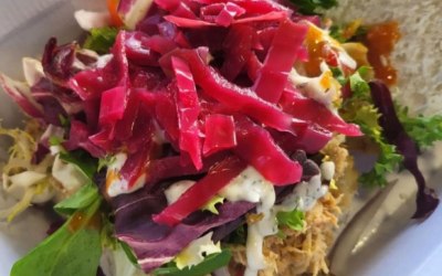 Jerk Chicken, Large white bap, Creamy Coleslaw, aw, Crunchy Salad + Pickled Red Cabbage 