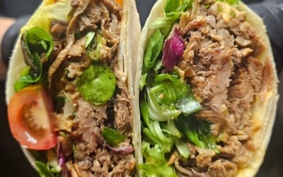 Beef Brisket, Wrap with Salad, Nacho Cheese