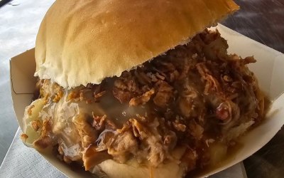 Pulled Pork, Large White Bap, Stuffing & Apple + Crispy Onion