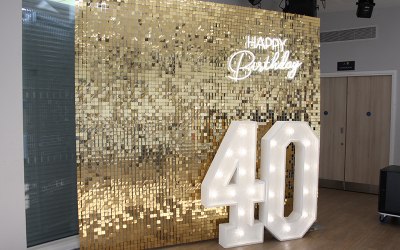 Sequin Wall, 4ft Light Up Number and Happy Birthday Neon 