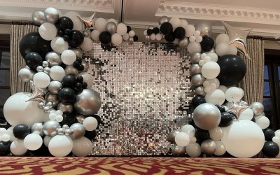 WOW -silver shimmer wall and balloon surround