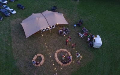 'Coverdale' 15x20m stretch tent, with outdoor lights for festival style party