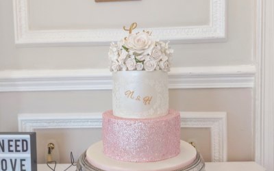 pink sequin wedding cake decorated with flowers