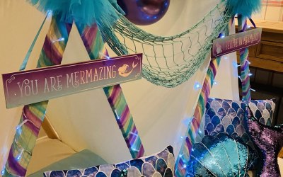 Mermaid sleepover teepees with added balloon Garland 