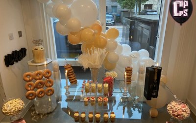 Elegant birthday set up (balloons & treats table)
