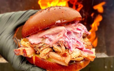 Pulled pork, pink slaw, caramelised onions and Bramley apple ketchup 
