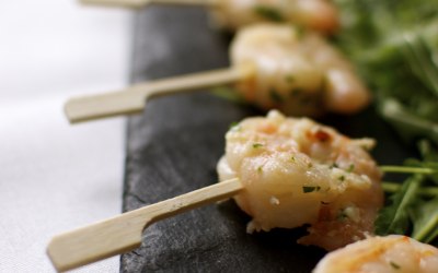 Garlic tiger prawn skewers