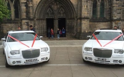 twin white chrysler bridal cars glasgow cathedral 