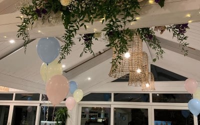 3 balloon bouquet and floor orb decorations