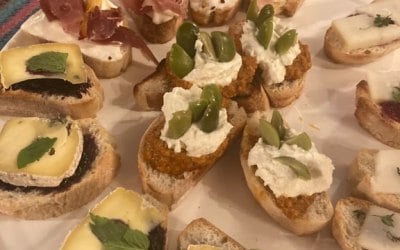 Crostini featuring homemade jams, local welsh cheeses, local welsh crab, foraged seaweed and charcuterie 
