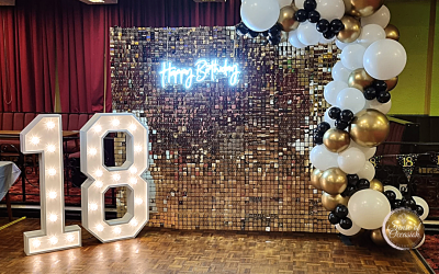 Sequin wall, neon light, light up numbers