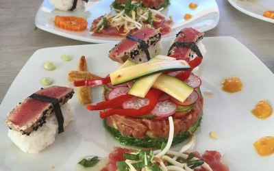 Tuna Served 3 Ways- Tataki Style Nigiri, Tuna Tartare Stack, and Tuna Ceviche with Bean Sprout Salad