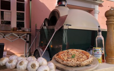 Our pizza with our oven behind. 