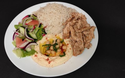 Chicken Shawarma, Rice, Hummus & Salads