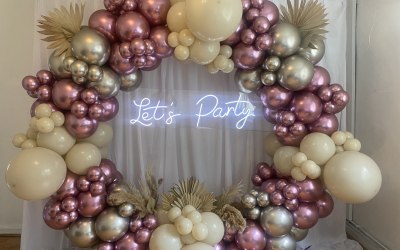 Let’s party! Bridal shower display with our hoop, neon and curtain backdrop
