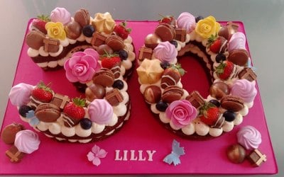 Birthday Cake decorated with Handmade Chocolates, Fudge, Macaroons and Fresh Fruit