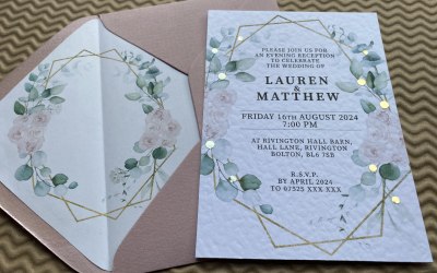 Luxury blush roses and eucalyptus invitations