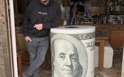 Giant $100 dollar bill prop made for Hoodrich by PolyWood Studios in Birmingham