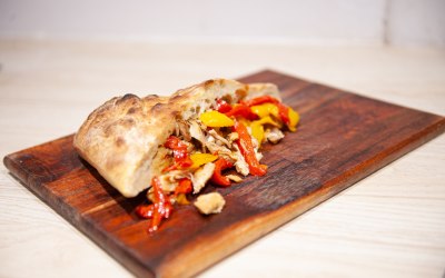 Chicken and Peppers in hame baked Focaccia