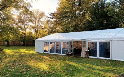 Our luxury marquee set up in the autumn sun.