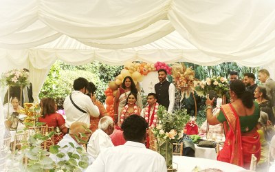 Vibrant engagement celebration in our intimate pagoda