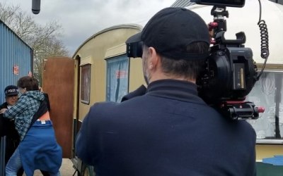 Raffles vintage caravan being used for filming