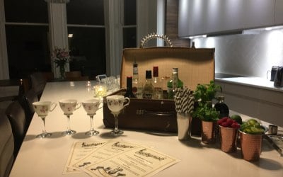 our vintage Martini teacup glasses and cocktail suitcase bar in a clients home 