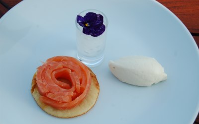 Gin cured Salmon on a Bellini with home made gin and tonic sorbet