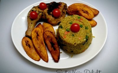 Fried Rice, Grilled Chicken Leg with Fried Ripe Plantain.