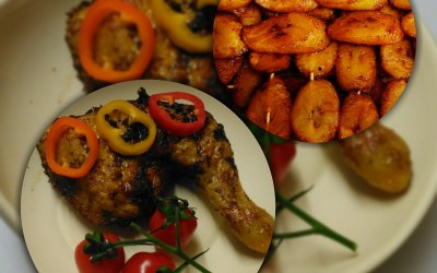 Fried Ripe Plantain served with Marinated Grilled Chicken Leg 