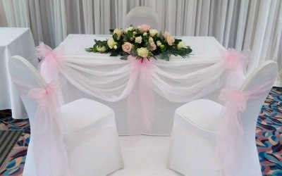 White Stretch Chair Covers + Baby Pink Organza Sash